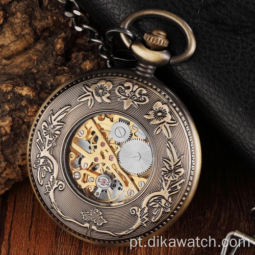 Relógio de bolso mecânico vintage com círculo de madeira esculpido com mostrador numérico masculino exclusivo oco Steampunk bronze relógio mecânico de corrente
